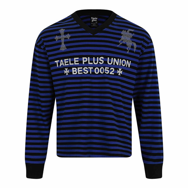 Unisex Striped Long Sleeve Sweater with V-Neck and Rhinestone Applications Mune Fashion