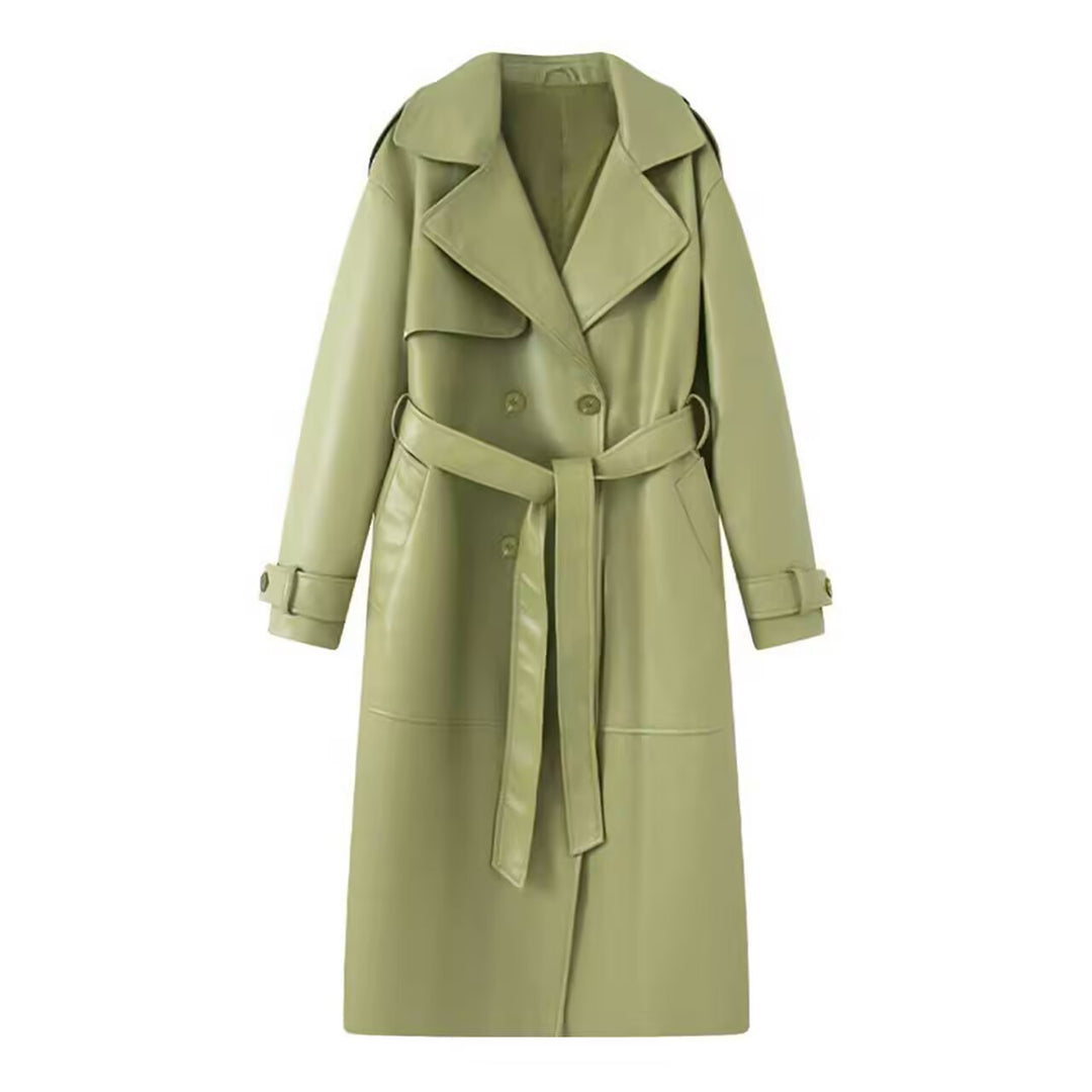 Women 40+ longer trench coat made of synthetic leather with belted waist and double-breasted button placket Mune Fashion