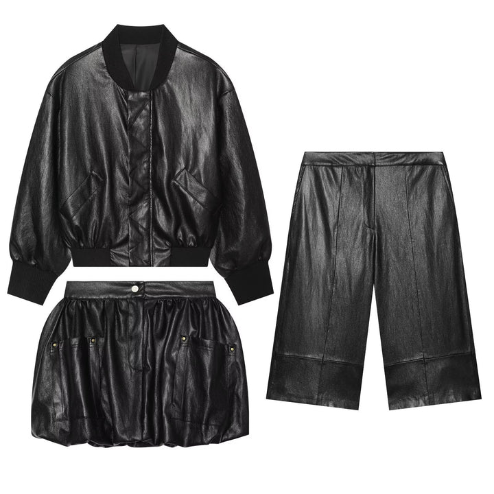 Women's Oversized Faux Leather Bomber Jacket with Ribbed Cuffs and Patch Pockets Mune Fashion