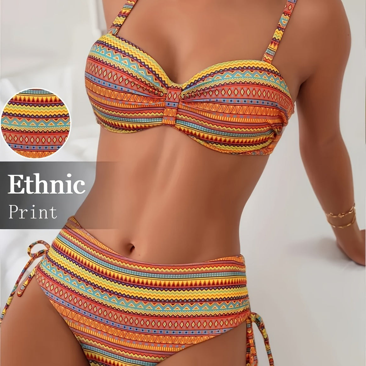 Women’s Bikini Set with Ethnic Print and Adjustable Straps Mune Fashion