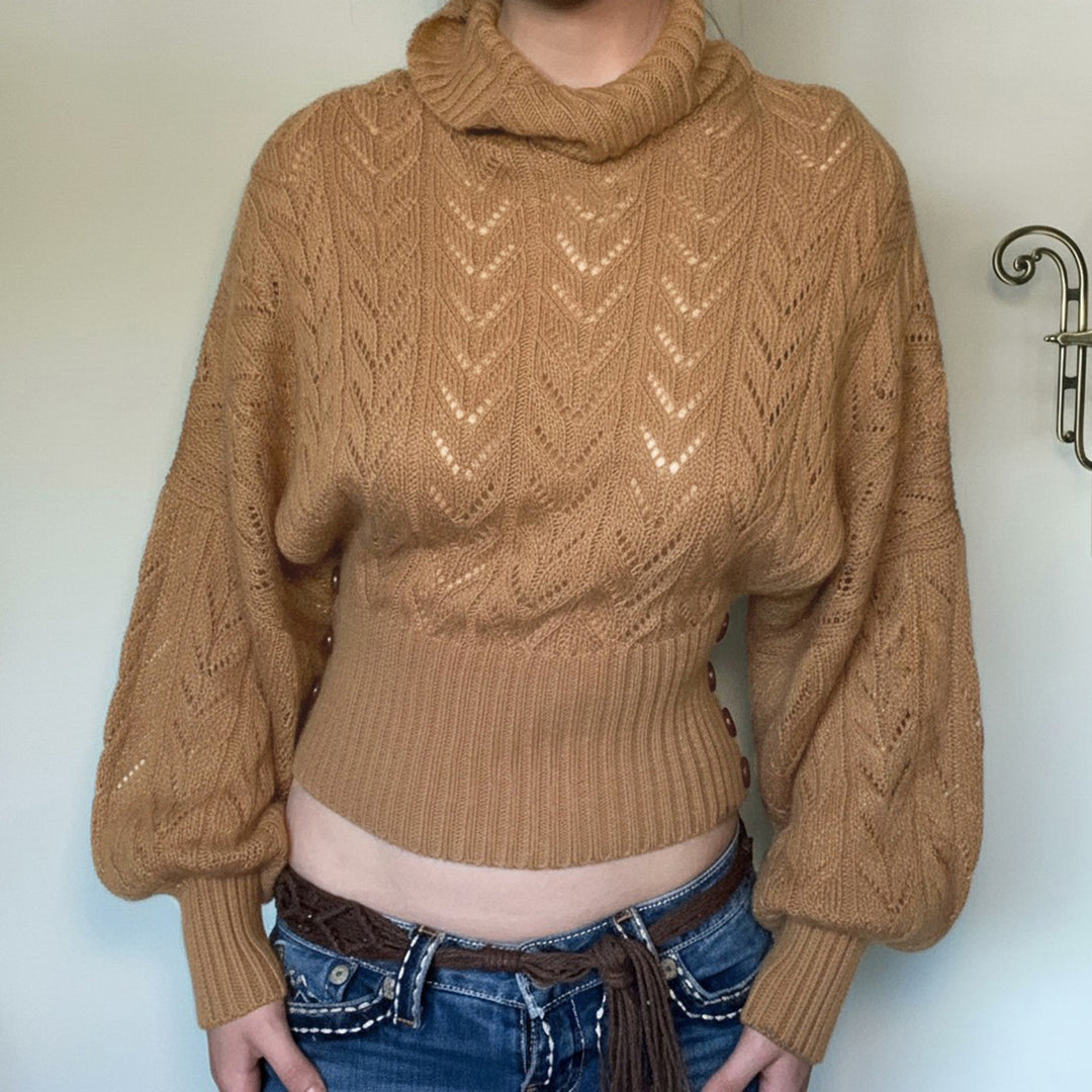 Women's short knit turtleneck with decorative button placket and balloon sleeves Mune Fashion