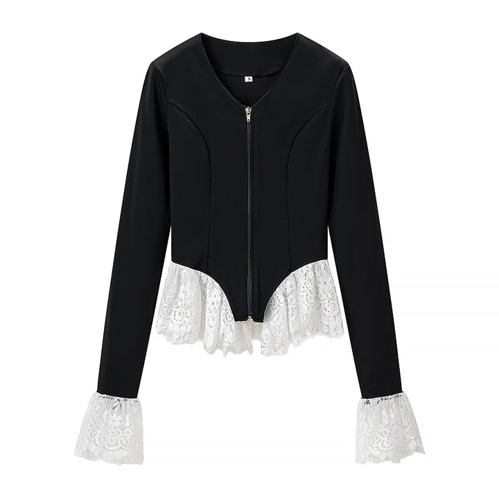 Women's Tailored Zip Jacket with Lace Ruffle at the Hem and Sleeve Cuff Mune Fashion