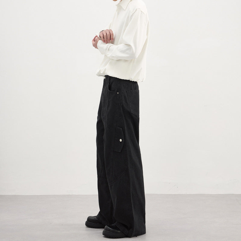 Men's Wide Palazzo Pants with Curved Seam Panels and Snap Button Pockets Mune Fashion