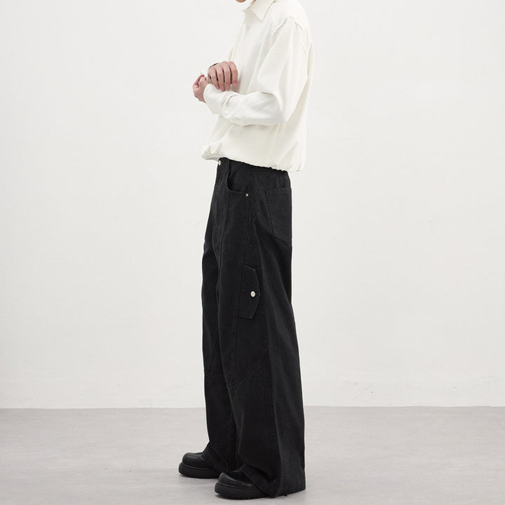 Men's Wide Palazzo Pants with Curved Seam Panels and Snap Button Pockets Mune Fashion