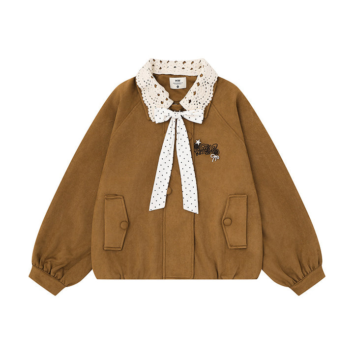 Women's Short Bomber Jacket with Crochet Collar and Ribbon Mune Fashion