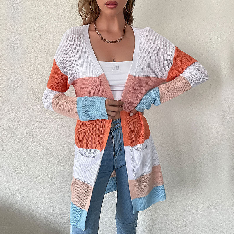 Women's Longline Fine Knit Cardigan with Colorful Block Stripes and Side Pockets Mune Fashion