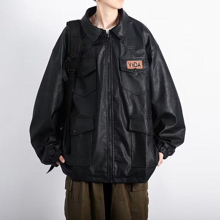Unisex Oversized Utility Faux Leather Jacket with Multiple Flap Pockets Mune Fashion