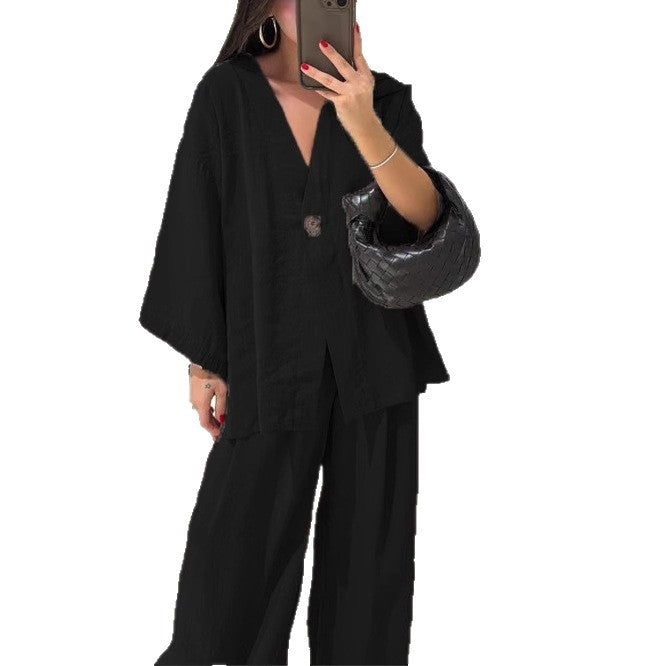 Women nan loose linen look two-piece with kimono blazer and wide palazzo pants Mune Fashion