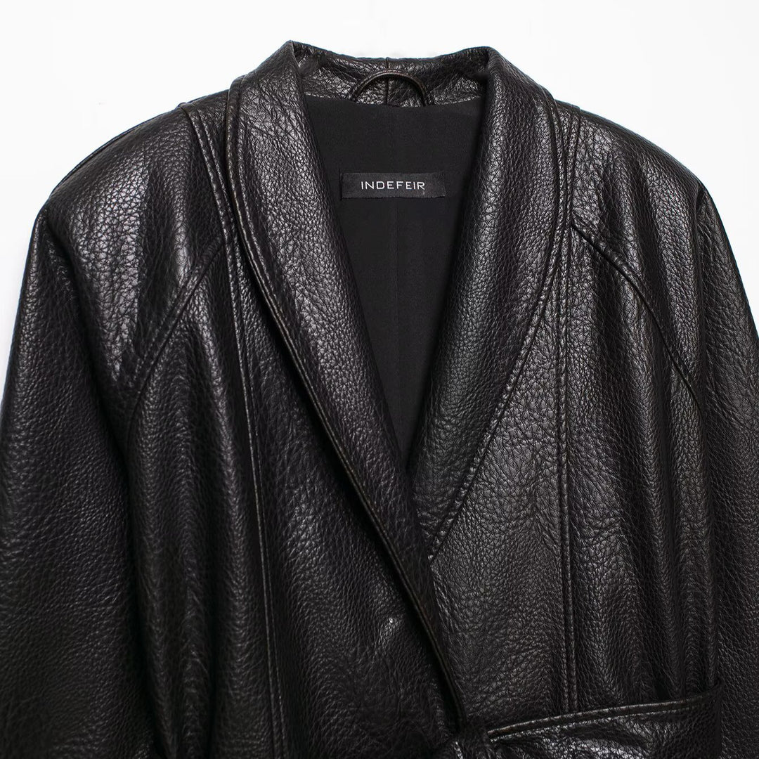 Women Short Jacket in Leather Look with Shawl Collar and Waist Tie Belt Mune Fashion