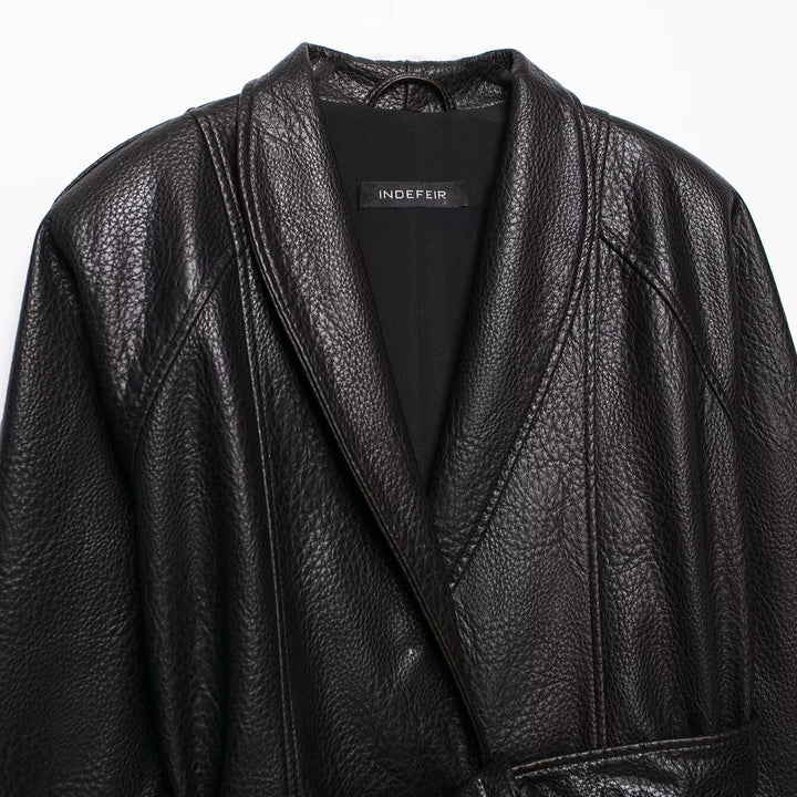 Women Short Jacket in Leather Look with Shawl Collar and Waist Tie Belt Mune Fashion
