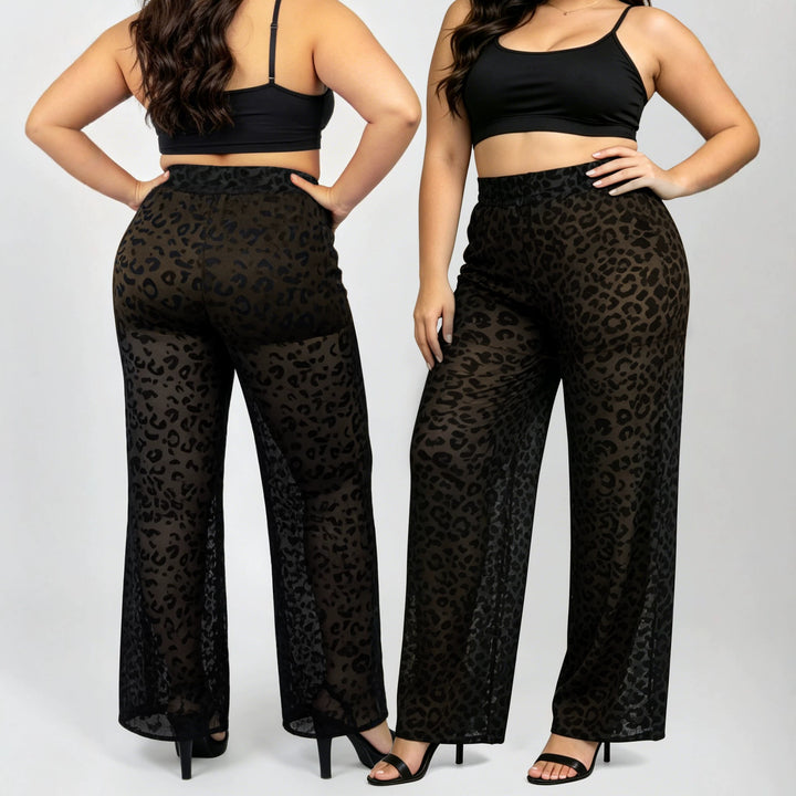 Ladies high-waisted wide-cut chiffon pants with leopard print and tummy control Mune Fashion