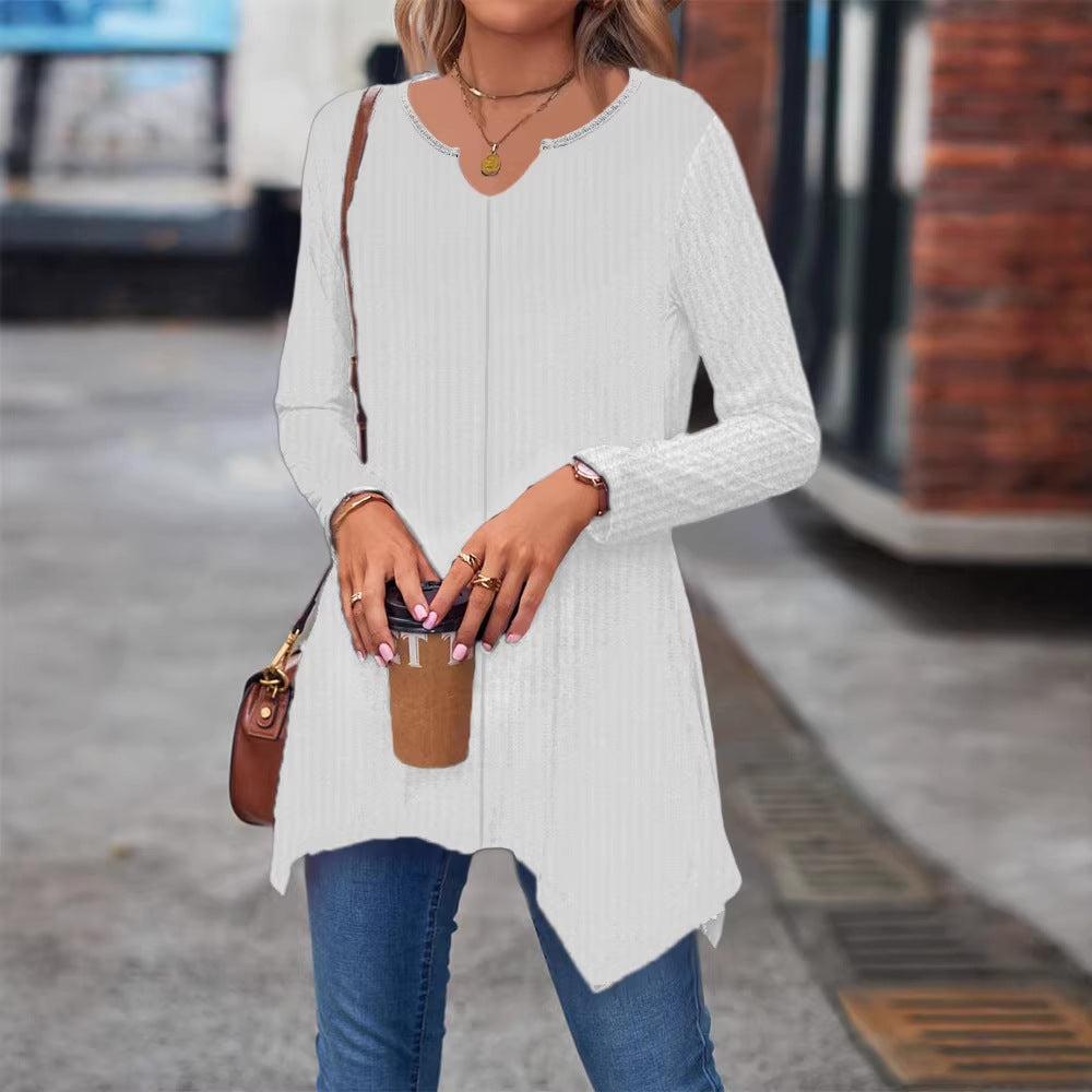 Women's Ribbed Long Sleeve Tunic Top with Asymmetrical Hem Mune Fashion