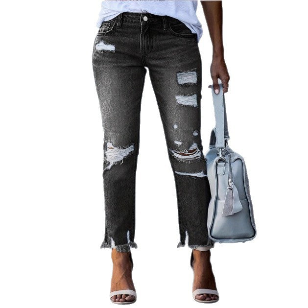 Women Cropped Destroyed Jeans with High Waist, Straight Leg & Raw Frayed Hem Mune Fashion