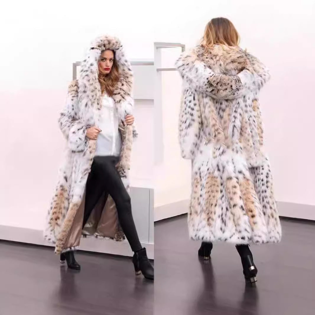 Women's Longer Faux Fur Coat with Hood and Lynx Look Mune Fashion
