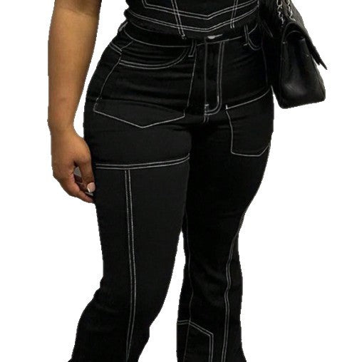 Ladies High-Waist Flared Jeans with Contrast Stitches and Cargo Inserts Mune Fashion