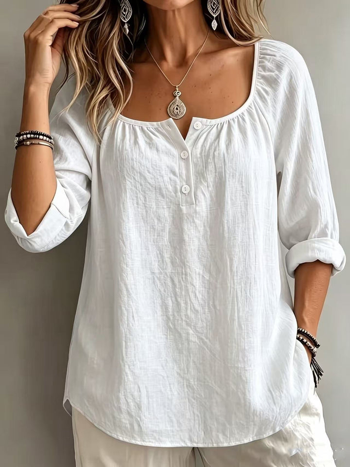 Women's Light Linen Look Tunic with Round Neckline, Button Placket and 3/4 Sleeves Mune Fashion