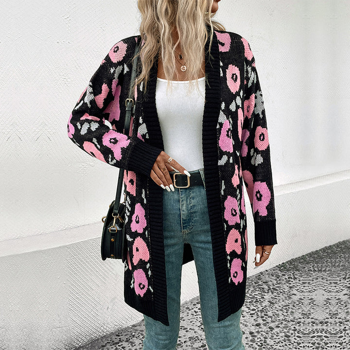 Women's Long Knit Cardigan with Oversize Cut, Animal Jacquard and Ribbed Cuffs Mune Fashion