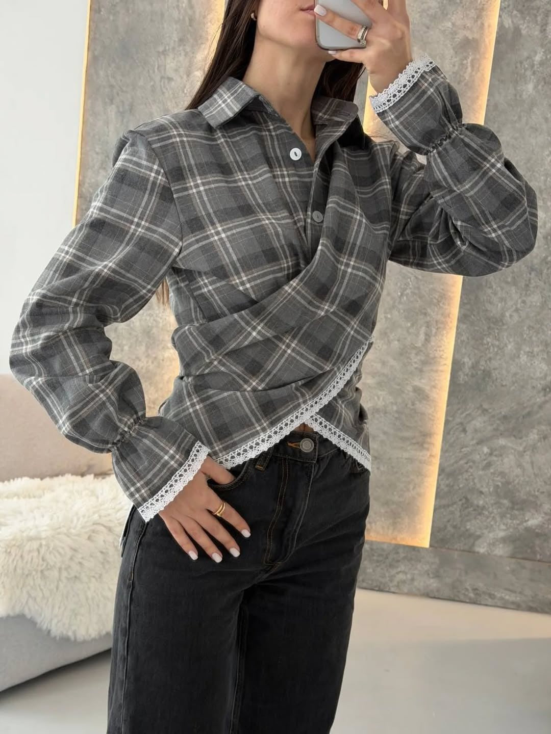 Women's checked shirt with lace trim and asymmetrical wrap hem Mune Fashion