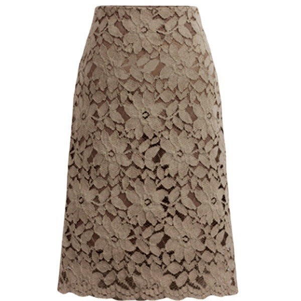 Ladies knee-length A-line lace skirt with floral appliqué lace, high waist and wavy hem Mune Fashion