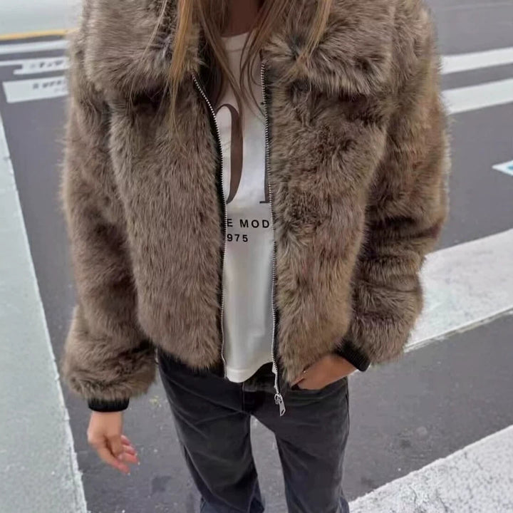 Women's Short Faux Fur Bomber Jacket with Voluminous Shawl Collar and Zipper Mune Fashion