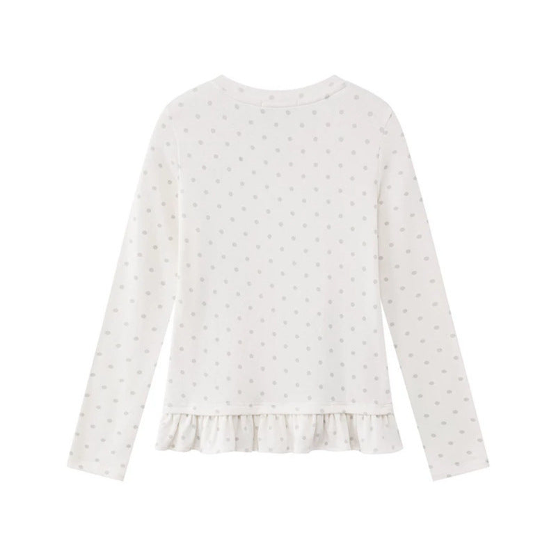 Women's long sleeve shirt with V-neck, ruffled hem and graphic spiral motif Mune Fashion