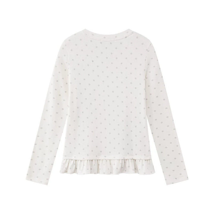 Women's long sleeve shirt with V-neck, ruffled hem and graphic spiral motif Mune Fashion
