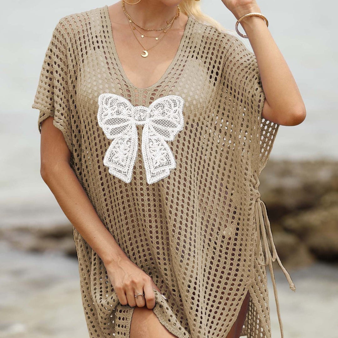 Ladies airy crochet beach cover-up with decorative bows