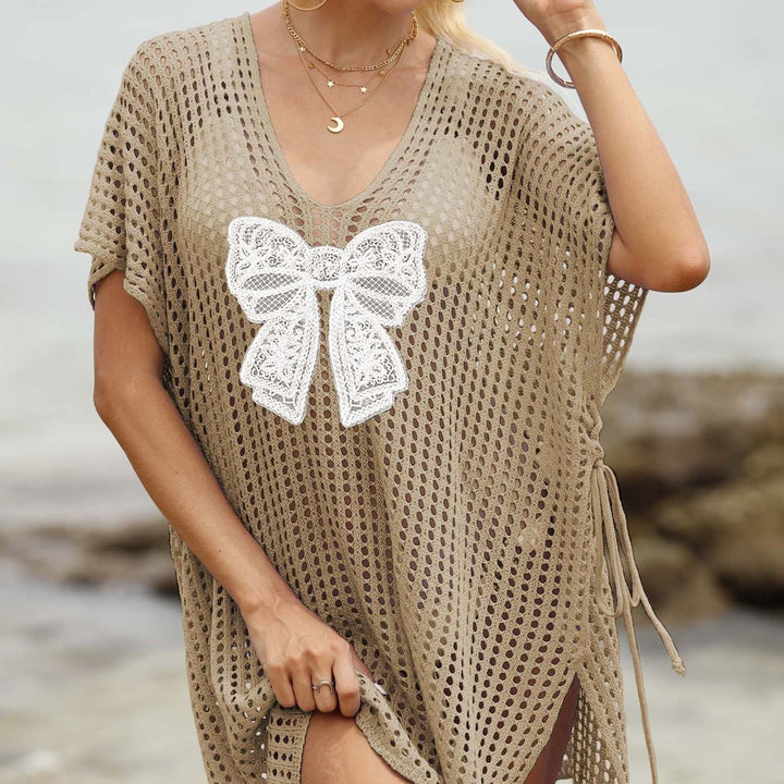 Ladies airy crochet beach cover-up with decorative bows
