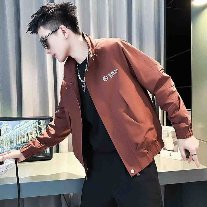 Men's Modern Boxy Bomber Jacket made of windproof material with stand-up collar and concealed zipper Mune Fashion