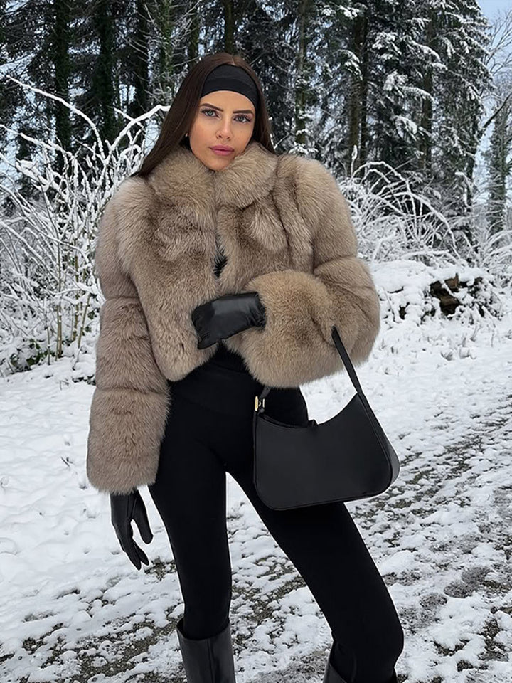 Women's Short Cut Luxury Faux Fur Blouson with Voluminous Shawl Collar Mune Fashion