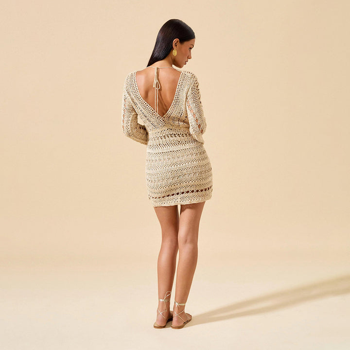 Women's crocheted beach dress with deep V-neck and long sleeves Mune Fashion
