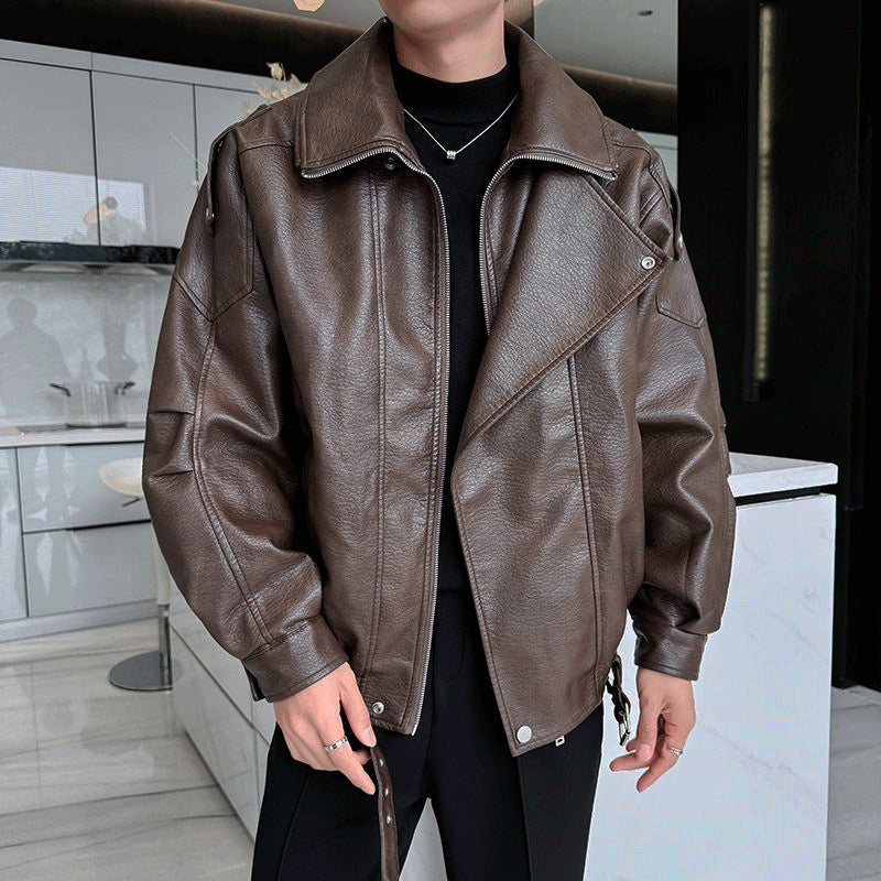 Men's Oversized Leather Jacket with Wide Asymmetrical Lapel and Waist Belt Mune Fashion