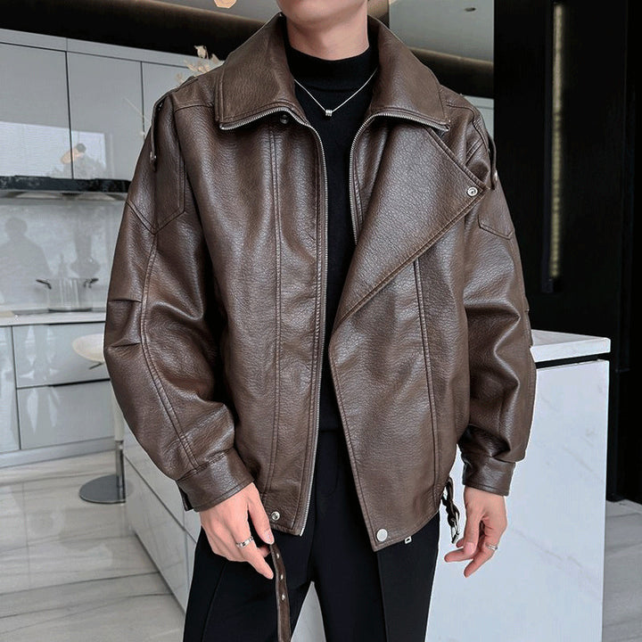 Men's Oversized Leather Jacket with Wide Asymmetrical Lapel and Waist Belt Mune Fashion