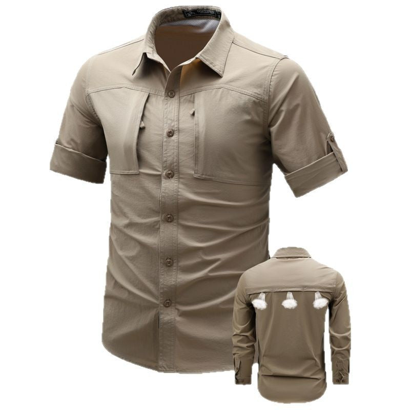 Men's lightweight technical outdoor shirt with roll-up sleeves, chest pockets, and breathable ripstop fabric