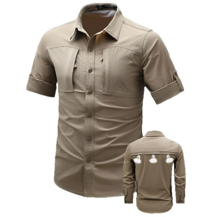 Men's lightweight technical outdoor shirt with roll-up sleeves, chest pockets, and breathable ripstop fabric
