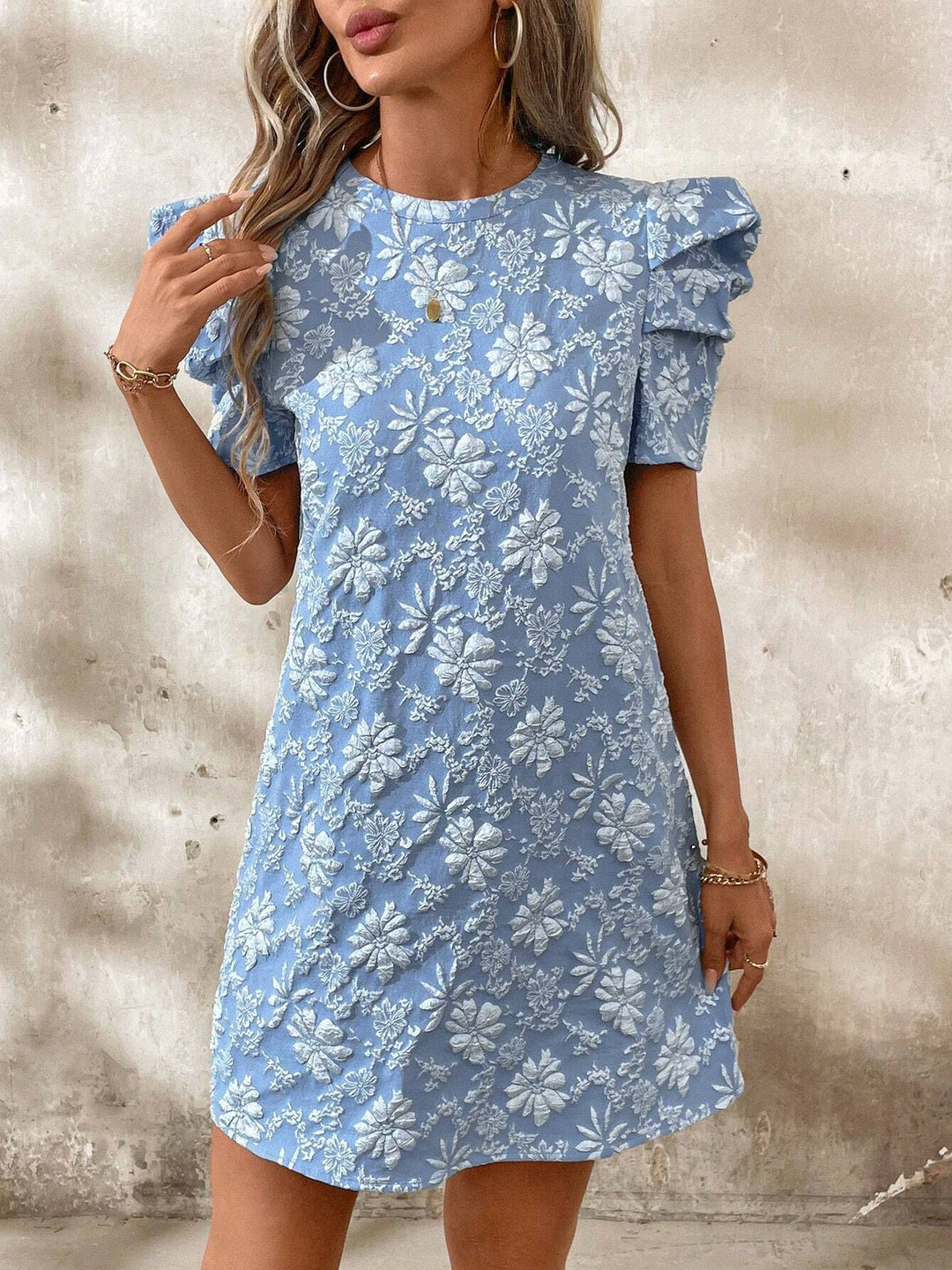 Women's floral jacquard mini dress with layered puff sleeves Mune Fashion