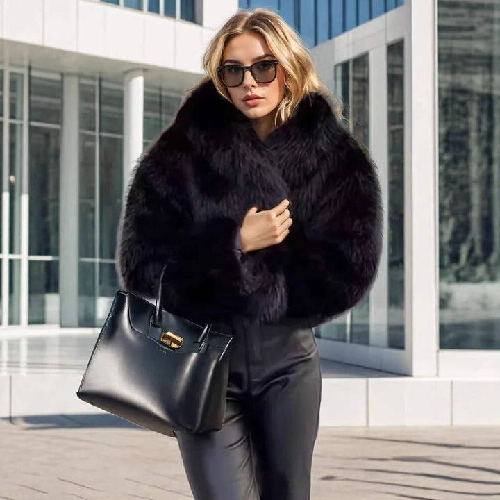 Women's Short Hooded Faux Fur Jacket with Dense Pile, Boxy Silhouette and Elastic Hem Mune Fashion