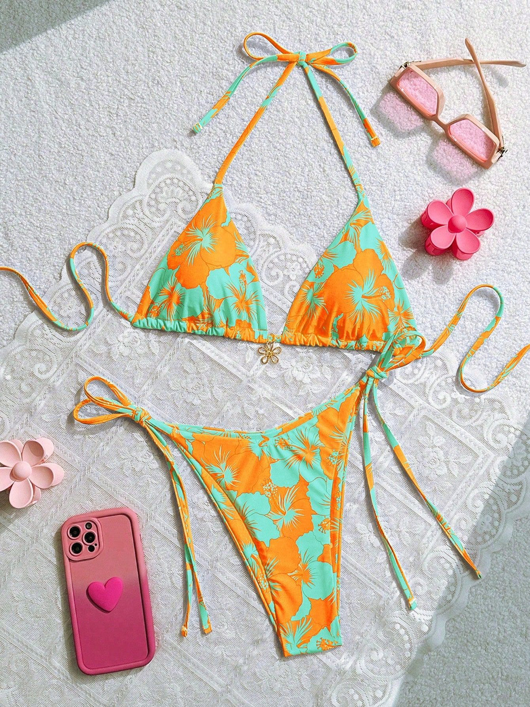 Women's triangle bikini with floral accents and intricate ties Mune Fashion