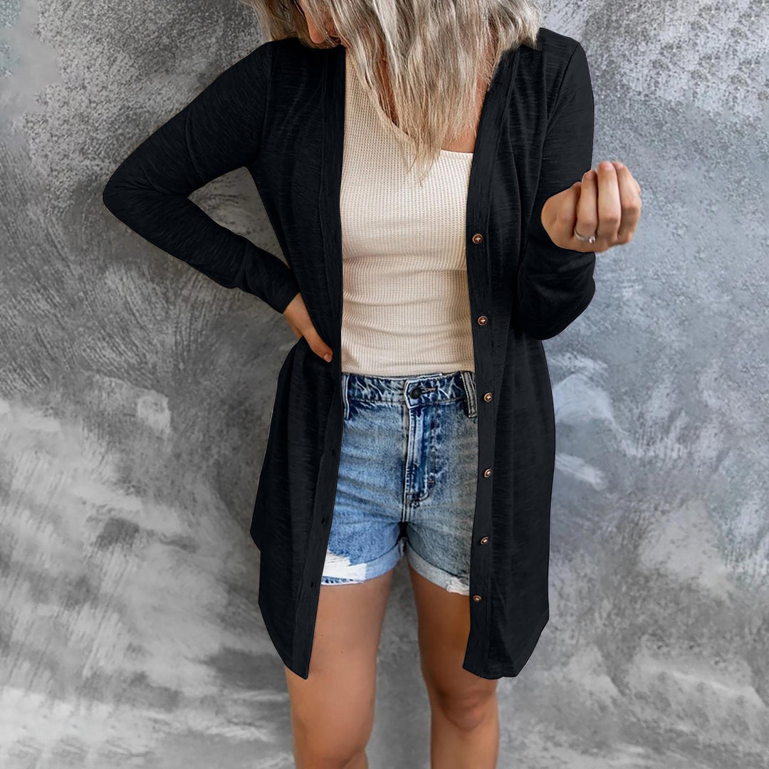 Women's Lightweight Long Cardigan with Button Placket and Ribbed Fine Knit Mune Fashion