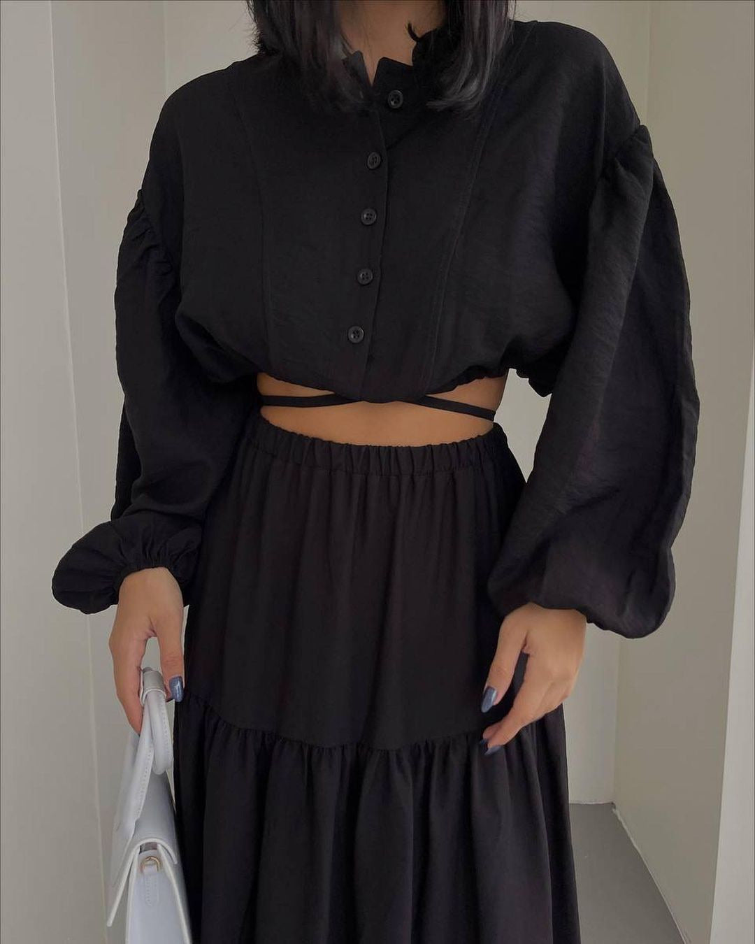 Women's two-piece boho set with cropped blouse and maxi skirt with slit Mune Fashion