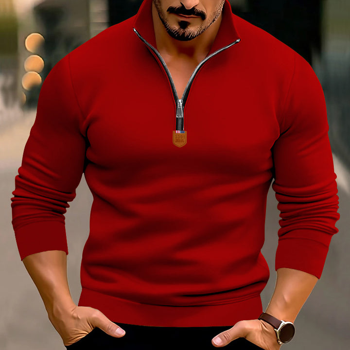 Men's narrow cut fine knit pullover with short zipper, shaping seams, and stretch waistband Mune Fashion