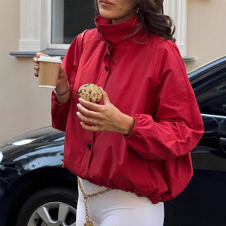 Women's Oversize Short Bomber Jacket with High Stand Collar, Concealed Snap Button Placket and Drawstring Hem Mune Fashion