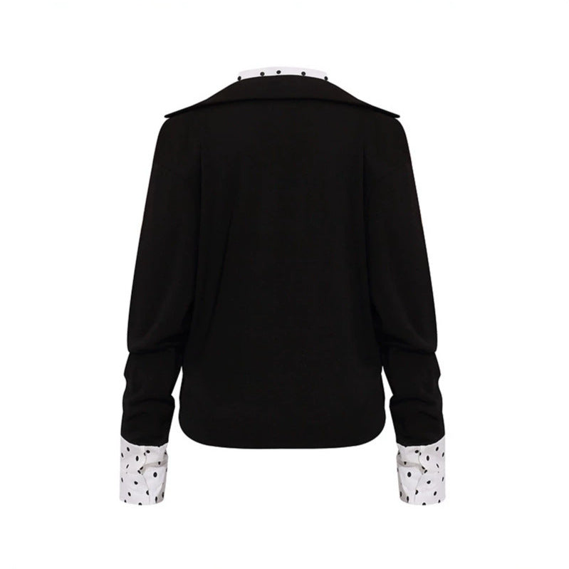 Women Layered Long Sleeve Shirt with Deep V-Neck, Attached Placket and Polka Dot Details Mune Fashion