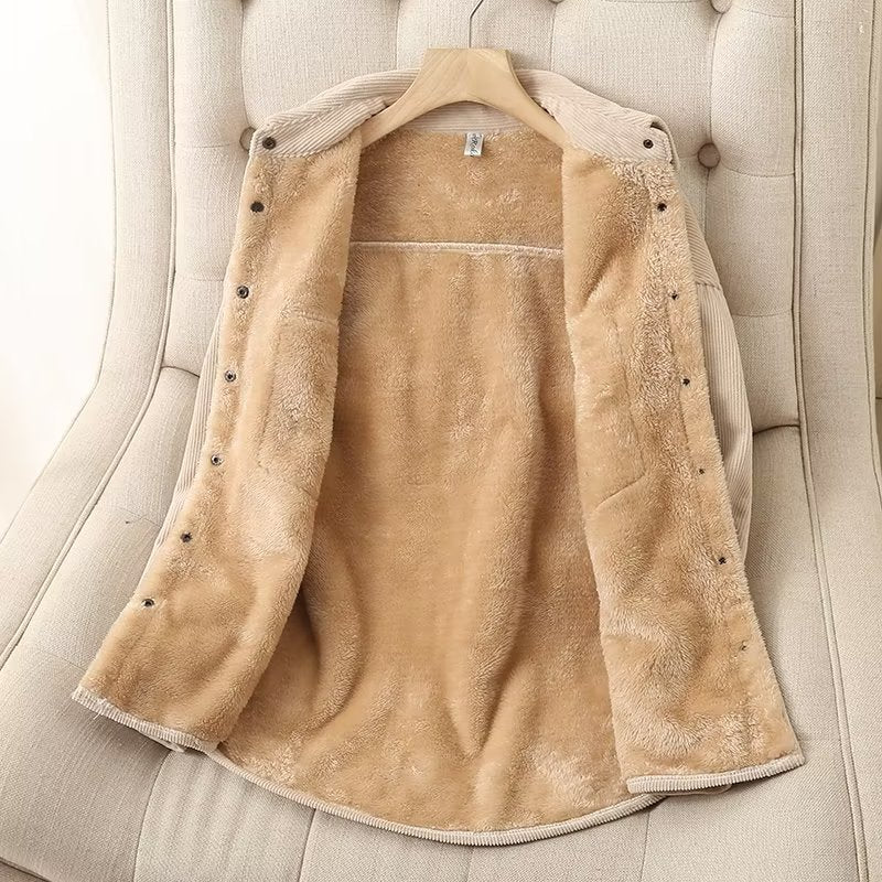 Women's oversized cord shirt jacket with padded teddy lining, patch pockets, and snap-button placket Mune Fashion
