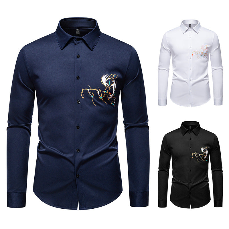 Men's Slim-Fit Business Shirt with elaborate chest embroidery and Kent collar Mune Fashion