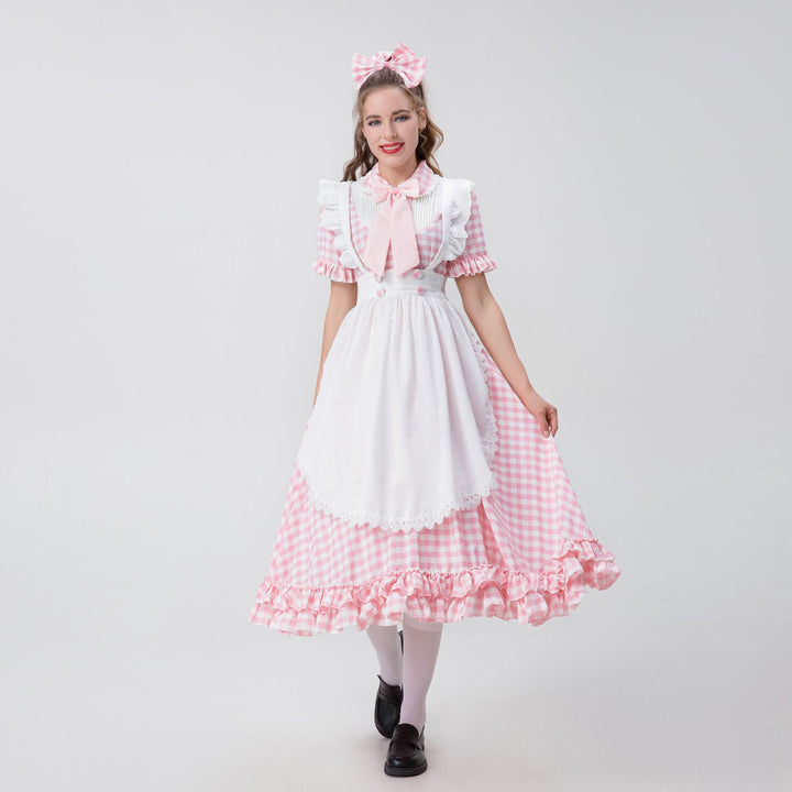 Women's vintage-inspired checked swing dress with detachable apron, ruffled sleeves, and bow collar Mune Fashion