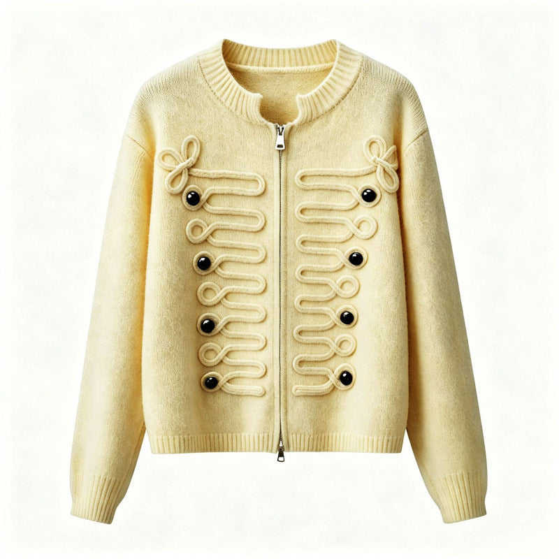 Women's short-cut knitted cardigan with decorative cord applications and two-way zipper Mune Fashion