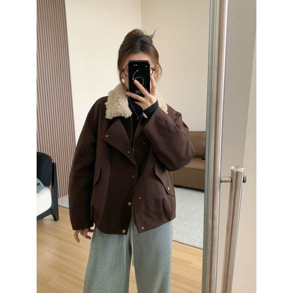 Women Short Oversized Bomber Jacket with Teddy Collar and Snap Button Details Mune Fashion