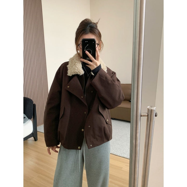 Women Short Oversized Bomber Jacket with Teddy Collar and Snap Button Details Mune Fashion