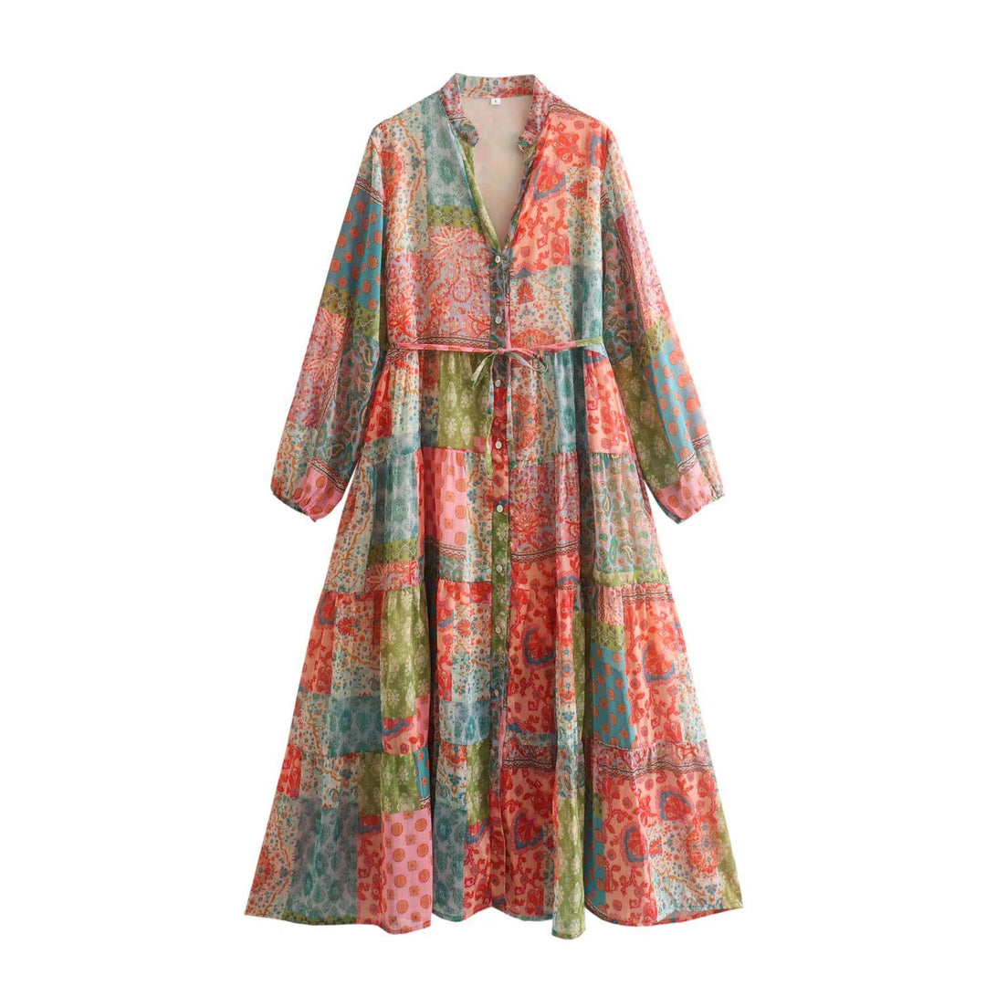 Women’s maxi dress with paisley print, V-neck, waist band and tiered skirt Mune Fashion